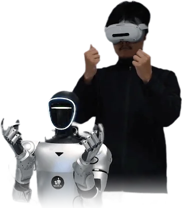 Operator in a VR headset teleoperating a humanoid robot's hands